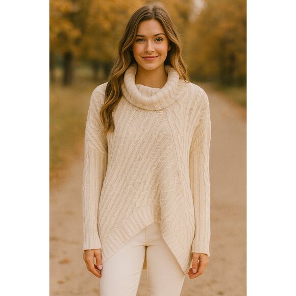 BCBGMAXAZRIA Cable Knit Cowl Neck Sweater Cream XXS White Cozy Layer Fall Winter - Picture 1 of 8